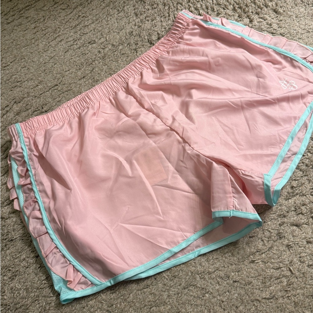 Simply Southern Pink Green Preppy Ruffle Sides Simply Run Shorts - size XXL